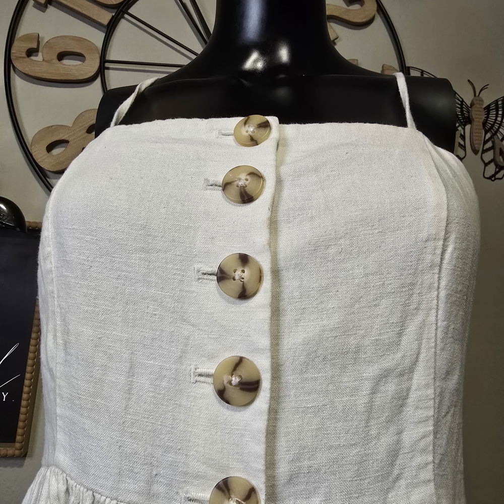 Cream Linen Blend Sundress | Button Front + Pockets | Size Small - Picture 4 of 4